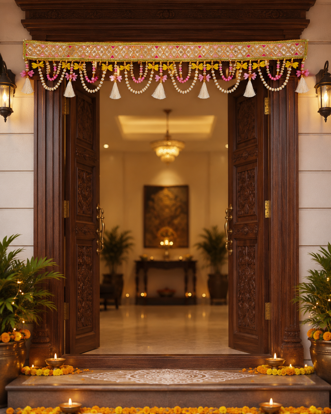 TheFancyFinds Premium Handmade Door Toran | Floral Pearl Bandarwal for Home Entrance | Festive & Wedding Decoration (4 Ft)