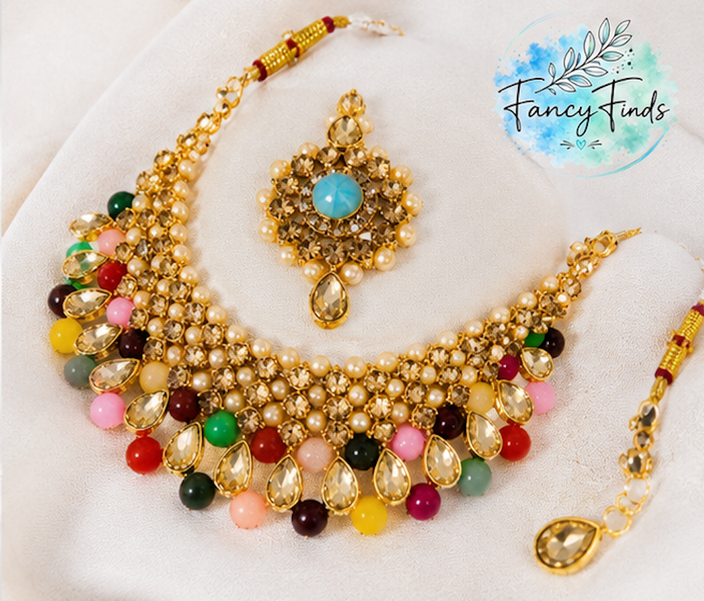 Fancy Finds Multicolor Kundan Pearl Choker Necklace Set with Earrings & Maang Tikka for Women | Traditional Bridal & Festive Jewelry