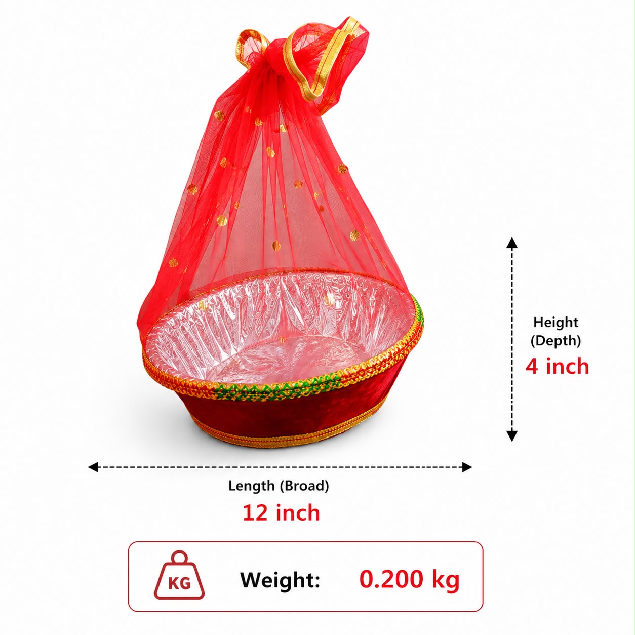 TheFancyFinds Decorative Shagun Basket with Net Cover | 12 Inch Gift Hamper Basket | Puja, Wedding & Baby Shower Return Gift Basket (Red)