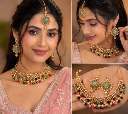 Multicolor Kundan Pearl Choker Necklace Set with Earrings & Maang Tikka for Women