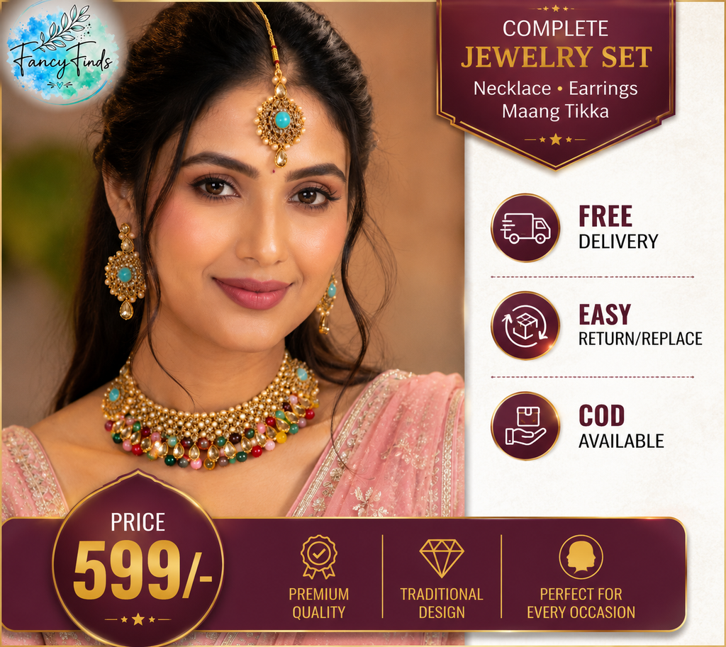 Multicolor Kundan Pearl Choker Necklace Set with Earrings & Maang Tikka for Women